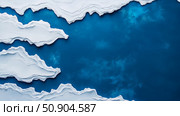 Abstract concept with white paper forms against a blue canvas, evocative of layered landscapes or geological strata. Стоковое AI-изображение, AI-художник Данила Большаков / Фотобанк Лори