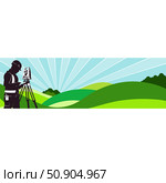 Geodesist engineer with geodetic instrument in the fields banner. Стоковая иллюстрация, иллюстратор Евгений Воронин / Фотобанк Лори