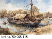 Watercolor illustration of a medieval sailing vessel moored at the bank of a calm river. The ship with a wooden hull and canvas sails is surrounded by green foliage, with figures of people on board visible in the frame. The atmosphere is warm and peaceful, with a touch of historical romance and adventure. Ideal for themes of seafaring, history, travel and artistic reconstruction. Стоковое AI-изображение, AI-художник Анна Кривицкая / Фотобанк Лори