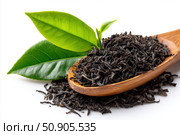 Dry black tea leaves in a wooden spoon isolated on white background. Pile of Dried fermented tea. Black Tea Leaves Heap. Close Up, Macro. Texture. Copy Space. Dried Tea. Abstract Food Drink Backdrop. Стоковое AI-изображение, AI-художник Марина Демидюк / Фотобанк Лори