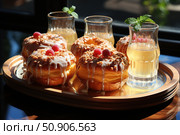 Wooden Tray With Iced Donuts. Стоковое AI-изображение, AI-художник Екатерина Красникова / Фотобанк Лори