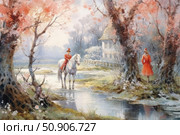 Romantic painting scene in the style of classic watercolor. Spring forest with blossoming trees, a stream and figures of two people - one on a white horse, the second standing by a tree, both in red cloaks and top hats. In the distance you can see a house by the water. The atmosphere is fabulous, nostalgic, full of calm and light mystery. The image is suitable for the themes of love, nature, retro style, fairy tales, classical art and dreaminess. Стоковое AI-изображение, AI-художник Анна Кривицкая / Фотобанк Лори