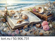 Inspiring fantasy still life: an old book decorated with seashells, pearls, flowers and ancient artifacts, located against the background of a seascape. Ocean waves, pink dawn, candle, sand and exotic objects create an atmosphere of magic, mystery and dreams. Perfect for themes of inspiration, writing, travel, sea tales and magic. Стоковое AI-изображение, AI-художник Анна Кривицкая / Фотобанк Лори