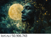 A fantasy painting with an abstract female face, as if woven from a night forest, against the background of a bright full moon. The work is done in an atmospheric dark range with golden accents. The image conveys the mystical connection between man and nature, is suitable for the themes of esotericism, meditation, mythology, and is also used in the design of book covers, music albums and in art projects. Стоковое AI-изображение, AI-художник Анна Кривицкая / Фотобанк Лори