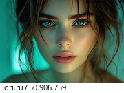 Portrait of a young woman with expressive green eyes and perfect skin, shot in a studio with soft turquoise light in the background. Her gaze is directed straight at the camera, creating a strong emotional connection. Her hair is slightly tousled and her makeup is barely noticeable - everything emphasizes the natural beauty and sophistication of the model. Ideal for topics about beauty, cosmetics, skin care, fashion, emotional expressiveness. Стоковое AI-изображение, AI-художник Анна Кривицкая / Фотобанк Лори