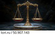 Concept: Justice and fairness. Golden scales of justice on a marble base, symbolizing balance and moral integrity. Стоковое AI-изображение, AI-художник Данила Большаков / Фотобанк Лори