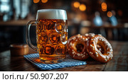 Enjoying Beer and Pretzels in a Cozy Tavern Setting in the Evening. Стоковое AI-изображение, AI-художник Юлия Гапеенко / Фотобанк Лори