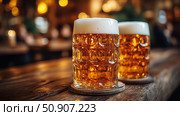 Cheers With Golden Beer Mugs in a Rustic Tavern During a Lively Evening Gathering. Стоковое AI-изображение, AI-художник Юлия Гапеенко / Фотобанк Лори