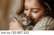 Girl Cuddles a Small Gray Kitten in Cozy Indoor Setting During Soft Afternoon Light. Стоковое AI-изображение, AI-художник Юлия Гапеенко / Фотобанк Лори
