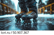 Action Sport Equipment: A pair of inline skates on a wet surface, ready for a ride in an winter outdoor location, promoting an active lifestyle. Стоковое AI-изображение, AI-художник Данила Большаков / Фотобанк Лори