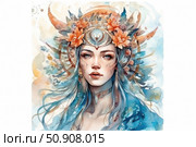 Watercolor portrait of a mythical woman with a mysterious look, wearing a complex decorative headdress with flowers, feathers and symbols. Her blue hair is fluttering, and light tattoos or patterns are visible on her face. The image is filled with magic, ethnic motifs and the atmosphere of an ancient legend. This illustration is perfect for themes of mythology, fantasy worlds, female power, spiritual practices and art. Стоковое AI-изображение, AI-художник Анна Кривицкая / Фотобанк Лори