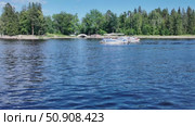 Boating and relaxation on a sunny day on the shore of the Vyborg Bay against the backdrop of green trees - Vyborg, Russia, July 15, 2025. Редакционное видео, видеограф Наталия Попова / Фотобанк Лори