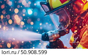 Emergency response: Firefighter sprays water with hose in action. Стоковое AI-изображение, AI-художник Данила Большаков / Фотобанк Лори