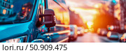 Automotive: The gleaming side of a blue delivery vehicle on a city street at sunset, showcasing urban transport and commercial travel. Стоковое AI-изображение, AI-художник Данила Большаков / Фотобанк Лори