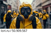 Concept: Pandemic Response: A person wearing a yellow hazmat suit and a black respirator, with a group of people similarly dressed in the background. Стоковое AI-изображение, AI-художник Данила Большаков / Фотобанк Лори