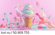 Summer sweet temptation: multi layered ice cream cone with pastel swirls, splashes, sprinkles for a fun dessert print, card, or poster. Стоковое AI-изображение, AI-художник Данила Большаков / Фотобанк Лори