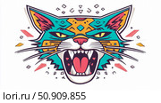 Abstract feline face roaring aggressively, modern art graphic with turquoise and gold accents. Стоковое AI-изображение, AI-художник Данила Большаков / Фотобанк Лори