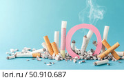 World No Tobacco Day Concept: Cigarette butts and smoke with a pink No symbol on a light blue surface. Стоковое AI-изображение, AI-художник Данила Большаков / Фотобанк Лори