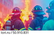 Courage and Firepower: A group of firefighters face a massive blaze in a vibrant, intense scene. Стоковое AI-изображение, AI-художник Данила Большаков / Фотобанк Лори