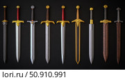 Fantasy Armoury: Display of Medieval Swords on Dark Surface. Стоковое AI-изображение, AI-художник Данила Большаков / Фотобанк Лори