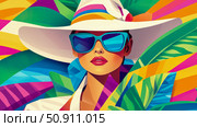 Summer Getaway: Stylish Woman in Sunhat and Sunglasses Surrounded by Tropical Foliage, Design for Print, Card, Poster. Стоковое AI-изображение, AI-художник Данила Большаков / Фотобанк Лори