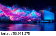 Logistics concept: Cargo vehicle with a trail of vibrant cosmic dust. Стоковое AI-изображение, AI-художник Данила Большаков / Фотобанк Лори