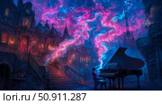 Surreal musical creation: A pianist plays beneath a vibrant nebular sky within an ornate gothic structure. Стоковое AI-изображение, AI-художник Данила Большаков / Фотобанк Лори