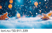 Winter Solstice: Autumn Leaf on Snow, Bokeh Lights and Gently Falling Snowflakes, Print or Card. Стоковое AI-изображение, AI-художник Данила Большаков / Фотобанк Лори