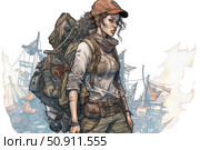 A digital illustration of a young woman in a post-apocalyptic style. She is dressed in comfortable tactical clothing, carrying a massive backpack full of gear and supplies. Her gaze is focused and determined, and the background resembles a destroyed camp or shelter. The image conveys an atmosphere of survival, fortitude, independence and readiness for any situation. Perfect for adventure, post-apocalyptic, gaming, survival and cyberpunk themes. Стоковое AI-изображение, AI-художник Анна Кривицкая / Фотобанк Лори