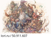 A fantastic watercolor illustration with many magical characters in a fairy tale style. In the center of the composition is an old man with a long white beard and a staff, surrounded by creatures and heroes with unusual features: animal heads, bizarre horns, magical attributes. The picture is full of details, from books and animals to fantastic plants and mythical artifacts. The work is inspired by the aesthetics of medieval chronicles and magical fantasy tales. Suitable for the design of books, games, posters and collectible cards. Стоковое AI-изображение, AI-художник Анна Кривицкая / Фотобанк Лори