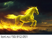 A vibrant yellow horse with a glowing mane gallops powerfully across a radiant neon desert, its silhouette blazing against the electric dunes , created by ai. Стоковое AI-изображение, AI-художник Виталий Сова / Фотобанк Лори