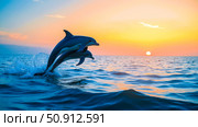 Two synchronized dolphins jumping together from sea at sunset, beautiful image of teamwork, friendship and amazing wild animal nature. Стоковое AI-изображение, AI-художник Павел Муравьев / Фотобанк Лори