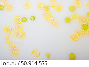 Turbid soapy water in the bath with slices of lemon and lime top view in full frame. Citrus. Spa with milk in the bath for rejuvenation. Стоковое фото, фотограф Михаил Решетников / Фотобанк Лори