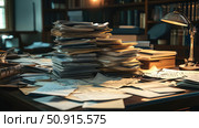 scattered messy desk papers ai generated. Стоковое AI-изображение, AI-художник Vectorwin / Фотобанк Лори