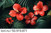 heliconia red tropical flowers ai generated. Стоковое AI-изображение, AI-художник Vectorwin / Фотобанк Лори