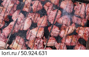 Pork Butt sliced on BBQ. Shish kebab. Pieces of pork on the grid, grilled meat with smoke. Food preparation process. Marinated spiced fillet meat cooked on charcoal barbeque grill. Outdoors cooking. Стоковое видео, видеограф Марина Демидюк / Фотобанк Лори