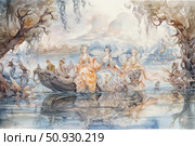 A charming fantasy watercolor illustration depicting a fairytale scene with an elegant boat sailing along a magical river. In the boat are graceful ladies in lush dresses and with wings, reminiscent of fairies or angels, accompanied by gentlemen. Around them are mythical creatures, birds, water spirits and trees with intricate branches. The illustration is filled with an atmosphere of magic, grace and a fairytale world. Suitable for book design, posters, textiles, postcards and decorative collections. Стоковое AI-изображение, AI-художник Анна Кривицкая / Фотобанк Лори