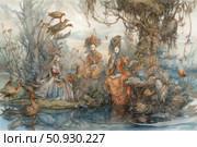 Watercolor fantasy illustration depicting three elegant ladies in elegant historical dresses, relaxing by a mysterious pond surrounded by birds and fantastic plants. The composition is filled with the atmosphere of the 18th century, decorative details and a delicate natural palette. The scene combines exquisite aesthetics, fairy tale and an element of magical realism. Suitable for the design of books, magazines, collectible cards, textiles, postcards and art projects. Стоковое AI-изображение, AI-художник Анна Кривицкая / Фотобанк Лори