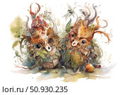 A charming fairytale-style watercolor illustration of two fantastic forest creatures resembling owls or nature spirits, created from leaves, twigs, berries and tree bark. Their expressive eyes and organic texture convey an atmosphere of magic, autumn and forest magic. Suitable for book design, postcards, children's products, packaging, calendars and trading cards. Стоковое AI-изображение, AI-художник Анна Кривицкая / Фотобанк Лори