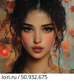 Digital art portrait of a young woman with expressive eyes and porcelain skin against a background of abstract floral brushstrokes. Her damp hair, dangling earrings and light freckles emphasize the romantic and slightly mysterious atmosphere. The painting combines photorealism with painting elements, creating a striking image suitable for art projects, fashion magazines, advertising and designer products. Стоковое AI-изображение, AI-художник Анна Кривицкая / Фотобанк Лори