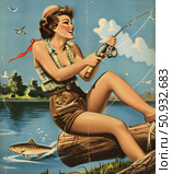 Retro pin-up illustration of a smiling girl enthusiastically fishing against the backdrop of a lake. She is sitting on a log, wearing a sleeveless plaid shirt and high-waisted shorts. Bright makeup, a red bow and a vintage hairstyle emphasize the classic aesthetics of the 1950s. The energetic mood, dynamics and cheerfulness make the image ideal for advertising, magazines, posters and retro-inspired designs. Стоковое AI-изображение, AI-художник Анна Кривицкая / Фотобанк Лори