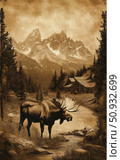 A sepia illustration in a vintage style depicts a majestic moose on the bank of a stream in the mountains. In the background is a wooden house in the forest, smoke rising from the chimney, creating an atmosphere of coziness and privacy. Behind the house rise majestic mountains with snow-capped peaks, surrounded by a dense coniferous forest. The work conveys the spirit of wild nature, northern solitude and tranquility, ideal for interior design, book covers, calendars or "wildlife" themes. Стоковое AI-изображение, AI-художник Анна Кривицкая / Фотобанк Лори