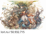 A magical fantasy watercolor illustration depicting a group of mages, wizards and mythical creatures surrounded by fantastic flora. The image is permeated with the atmosphere of an ancient fairy tale, adventures and a magical world. Rich detailing, smooth lines and muted pastel colors create the feeling of a living legend or an old book. Suitable for designing games, books, posters, decor and collectibles. Стоковое AI-изображение, AI-художник Анна Кривицкая / Фотобанк Лори