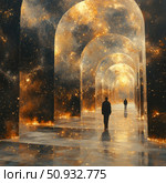 A fantastic digital illustration of a man walking along an endless corridor, the arches of which open into a starry galaxy. Mystical atmosphere, reflections of light and space create the effect of traveling through dimensions, space and time. Ideal for cover design, science fiction, philosophical publications, themes of consciousness, dreams and metaphysics. Стоковое AI-изображение, AI-художник Анна Кривицкая / Фотобанк Лори