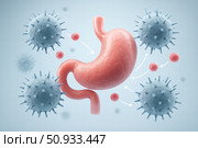 A Detailed Visualization of the Human Stomach Engaging with Immune Cells and Pathogens, Highlighting the Complex Interactions Within the Gastrointestinal System. Стоковое AI-изображение, AI-художник Башкирова Анна / Фотобанк Лори