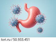 Illustration Depicting the Interaction Between the Human Stomach and Various Pathogenic Viruses in a Scientific Context. Стоковое AI-изображение, AI-художник Башкирова Анна / Фотобанк Лори