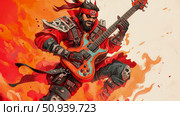 Illustration of an aggressive rocker playing an electric guitar with a red bandana in an orange and red smoky environment. Стоковое AI-изображение, AI-художник Данила Большаков / Фотобанк Лори