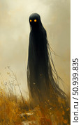 Creepy season concept: A specter emerges from a field, its eyes glowing bright orange in a dark visage. Стоковое AI-изображение, AI-художник Данила Большаков / Фотобанк Лори