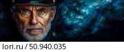 Grizzled Seafarer: A captivating portrait of an old captain with intense blue eyes, conveying wisdom and experience. Стоковое AI-изображение, AI-художник Данила Большаков / Фотобанк Лори