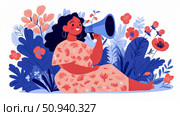 Empowerment through Communication: Illustration of a Woman Speaking with a Megaphone Surrounded by Floral Elements, Design for Print, Card, Poster. Стоковое AI-изображение, AI-художник Данила Большаков / Фотобанк Лори